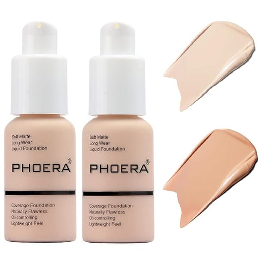 2 Pack PHOERA Foundation,Flawless Soft Matte Liquid Foundation 24 HR Oil Control Concealer Foundation Makeup,Full Coverage Foundation for Women and Girls(((101 Porcelain+103 Warm Peach)-FemmiqueWomen