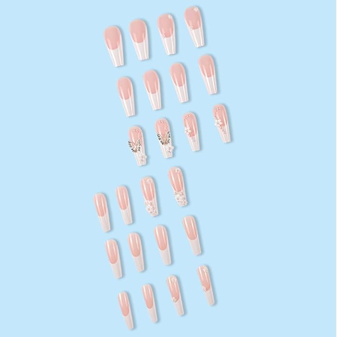 Long Coffin False Nails White French Press on Nails Pearl Butterfly Jewelry Nails Tips Acrylic Cute Fake Nails for Women and Girls 24Pcs