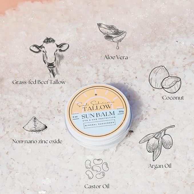 Tallow Sun Balm- with grassfed beef tallow, castor oil, zinc oxide | Mineral Sunscreen | Natural, Organic | Reef Safe, Ocean Friendly | Spf 30 - suitable for sensitive skin (2 oz) (Medium)-FemmiqueWomen