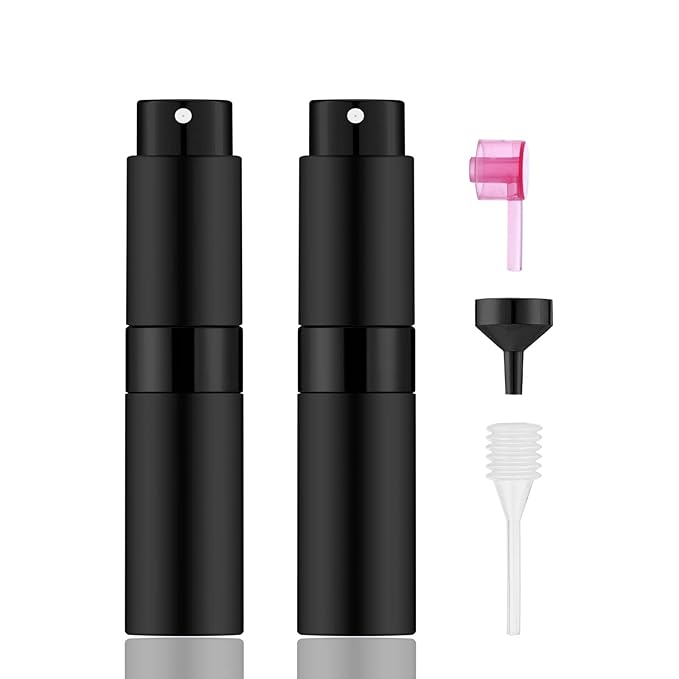 2 PCS/8ml Portable Mini Perfume Atomizer bottles, Empty Refillable Spray Bottle with 3 Types of Refill Tools, Pocket Travel Perfume Sample Bottles(Matte Black)-FemmiqueWomen