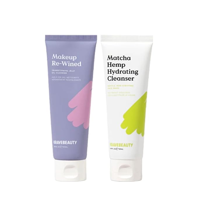 KraveBeauty Double Cleanse Duo, Makeup Re-Wined + Matcha Hemp Cleanser, Gentle Makeup Remover & Hydrating Cleanser, Hydrates and Preps Skin, Vegan & Cruelty Free, 3.38 fl oz 4.05 fl oz-FemmiqueWomen