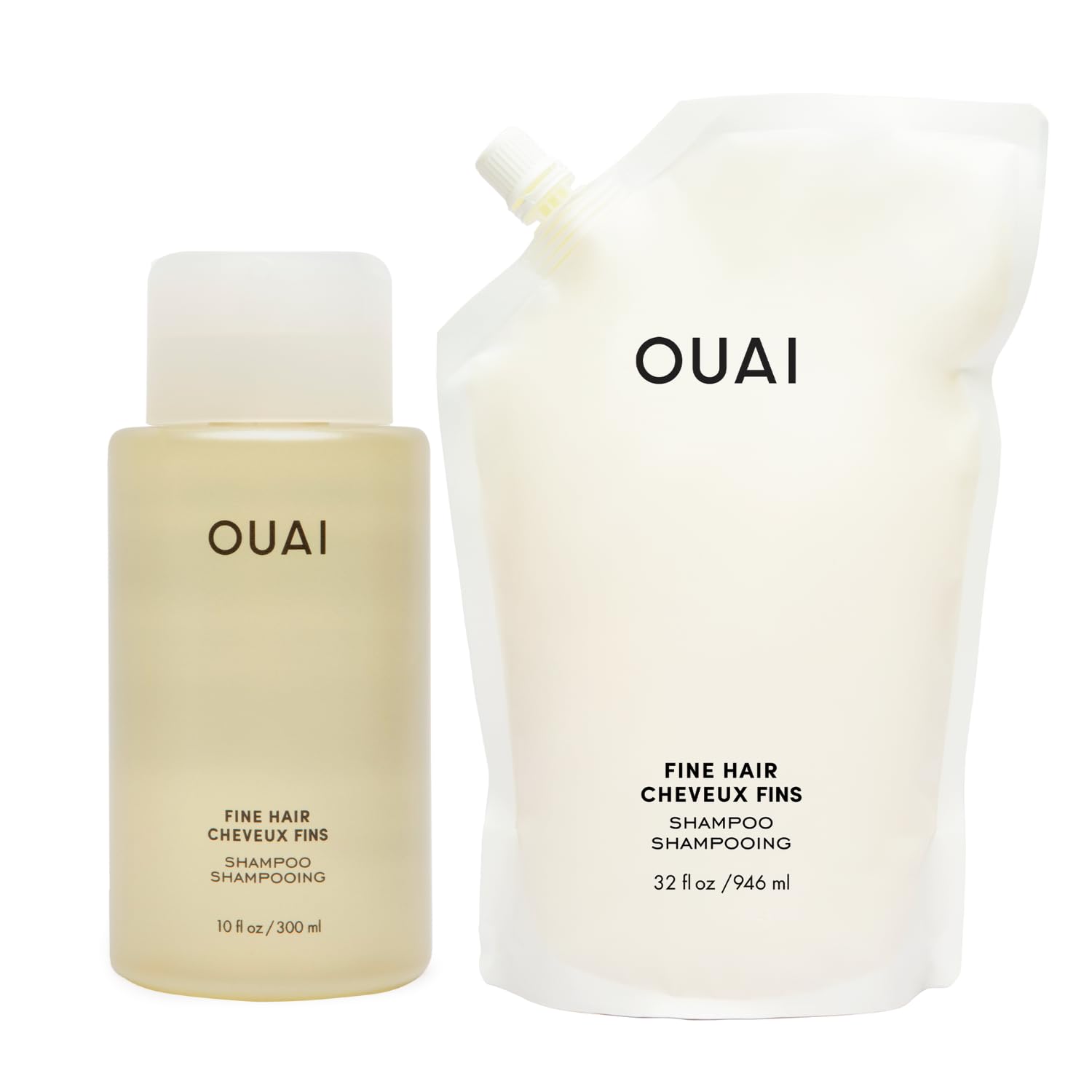 OUAI Fine Shampoo + Refill Bundle - Volumizing Shampoo with Keratin, Biotin & Chia Seed Oil for Fine Hair - Delivers Clean, Weightless Body - Sulfate Free Hair Care (2 Count, 10 Oz/32 Oz)-FemmiqueWomen