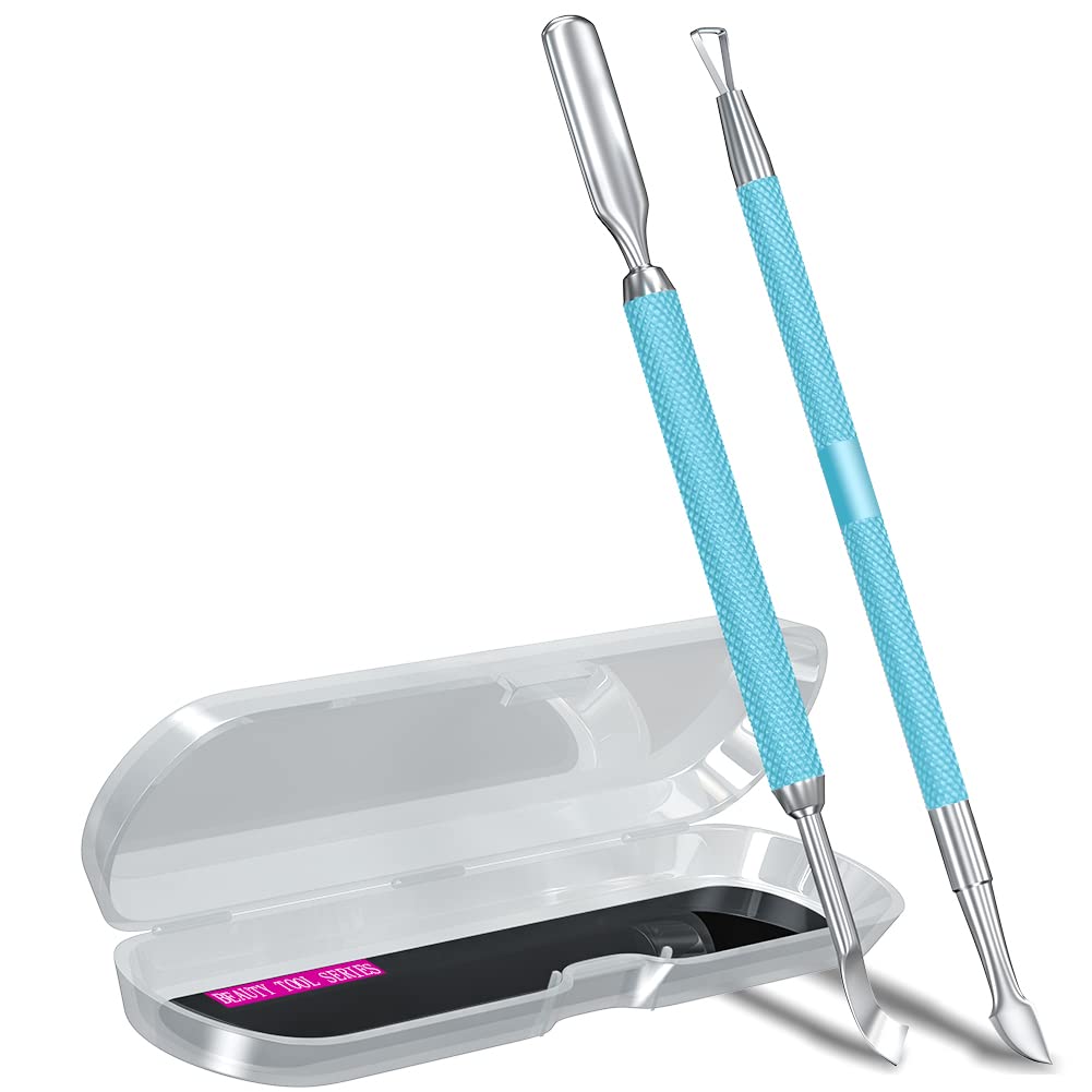2PCS MetalTurquoise/Lake Blue Cuticle Pusher and Cutter Remover Salon Quality Stainless Steel Gel Nail Polish Peeler Scraper Durable Manicure and Pedicure Cleaner Tool For Fingernail and Toenail-FemmiqueWomen