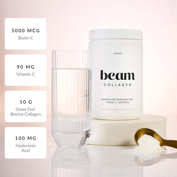Beam Collagen Powder, Collagen for Women, Collagen with Hyaluronic Acid, Collagen Peptides Type 1 and 3, with Biotin, Grass Fed Bovine, Third-Party Tested, Best for Coffee, Vitamin C, 60 Servings-FemmiqueWomen