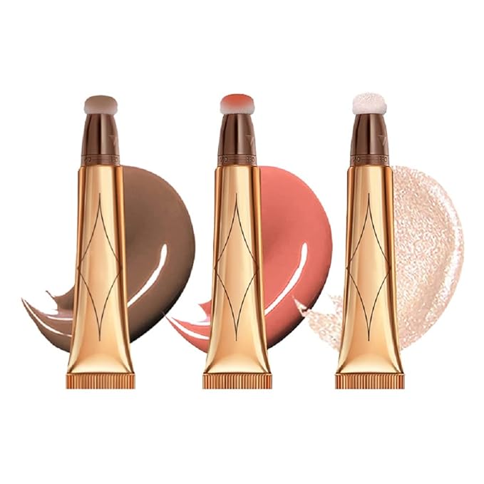 3 Color Contour Beauty Wand, Highlighter ，Blush，Face Concealer Contouring with Cushion Applicator Long Lasting & Smooth Matte Finish Liquid Illuminator Makeup Stick . (01#Contour +02#Blush+04#Highlighter)-FemmiqueWomen