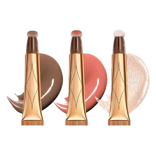3 Color Contour Beauty Wand, Highlighter ，Blush，Face Concealer Contouring with Cushion Applicator Long Lasting & Smooth Matte Finish Liquid Illuminator Makeup Stick . (01#Contour +02#Blush+04#Highlighter)-FemmiqueWomen