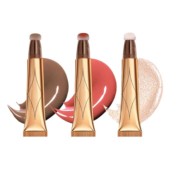 3 Color Contour Beauty Wand, Highlighter ，Blush，Face Concealer Contouring With Cushion Applicator Long Lasting & Smooth Matte Finish Liquid Illuminator Makeup Stick .01 Contour+03 Cherry Red+04 Pear White-FemmiqueWomen