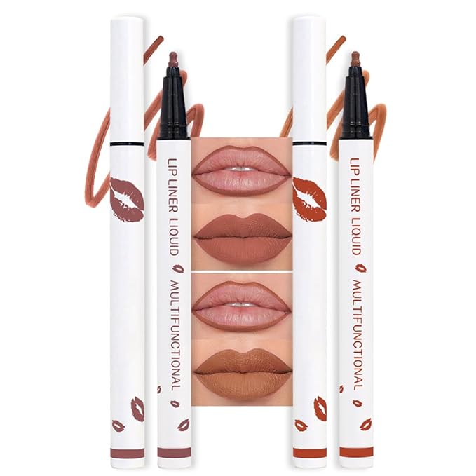 2Pcs Longwear Liquid Lip Liner Stain Marker Pen Set Long Lasting Waterproof, Mocha Nude Brown Matte Semi Permanent 24 Hour Lip Liner and Lipstick Combo, Color Stay Lipliner All Day Lip Stains peel off-FemmiqueWomen