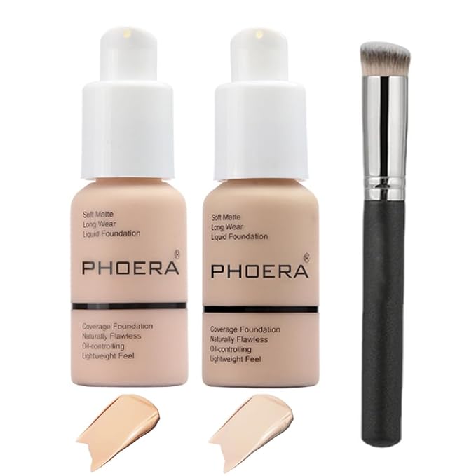 2 Pcs Liquid Foundation 101 and 102 with Kabuki Foundation Brush Flat Top,Full Coverage Foundation Makeup Set,30ml 24HR Matte Oil Control Concealer(Porcelain & Nude)-FemmiqueWomen