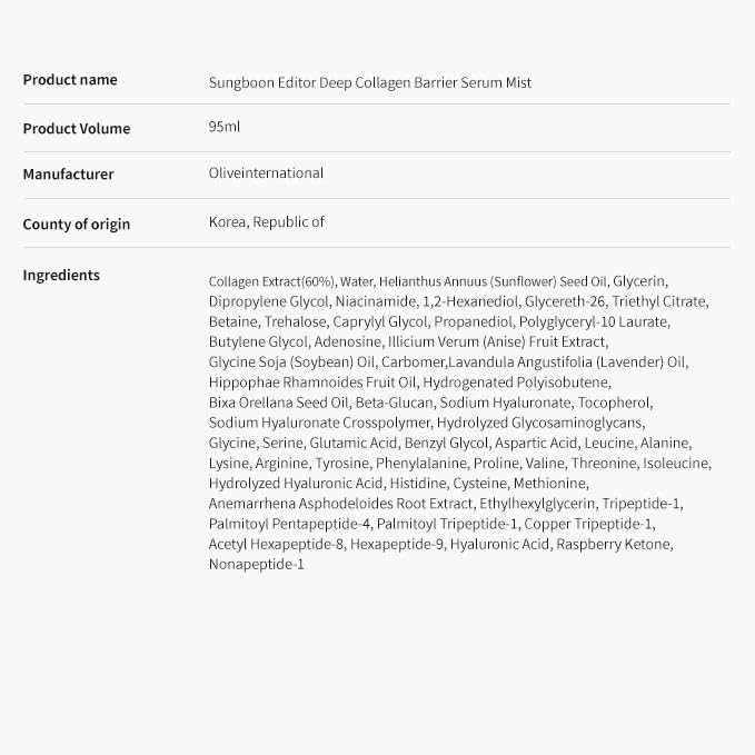 SUNGBOON EDITOR Deep Collagen Barrier Serum Mist | Real Collagen, Multi Peptides, Hydration, Wrinkle Care for Dry Skin, Wrinkles, Korean Moisturizer, Korean Skin Care, Glass Skin Mist-FemmiqueWomen