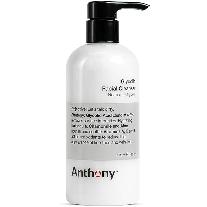 Anthony Glycolic Facial Cleanser for Men, Daily Exfoliating & Hydrating Face Wash, Shave Prep, Non-Foaming, Deep Cleansing, Gentle on Sensitive Skin, Removes Dirt & Oil, Smooths Texture, 16 Fl Oz-FemmiqueWomen
