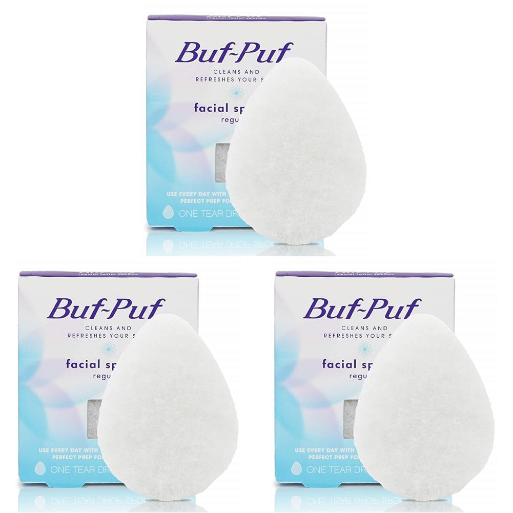 Buf-Puf Regular Facial Sponge, Dermatologist Developed, Removes Deep Down Dirt & Makeup that Causes Breakouts and Blackheads, Reusable, Exfoliating, White, 1 Count (Pack of 3)-FemmiqueWomen