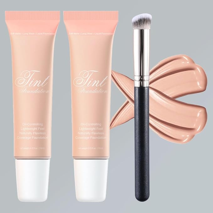2 Pack Liquid Foundation Cream with Foundation Brush for Face Makeup,Durable Full Coverage Matte Concealer Make Up,Oil Control & Waterproof Base Primer -1 Fl.Oz (#03)-FemmiqueWomen