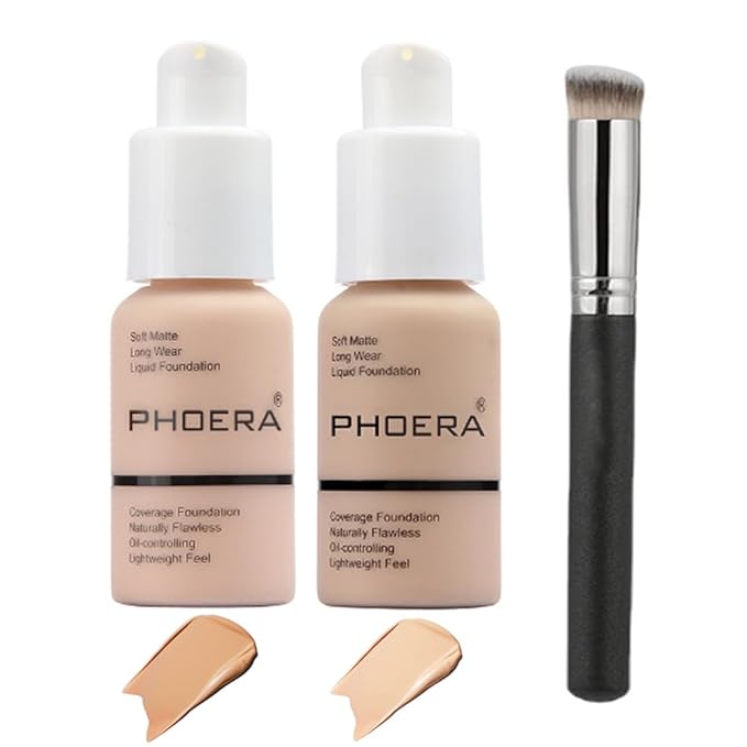 2 Pcs Phoera Foundation Makeup 102 and 104 Liquid Full Coverage 24HR Matte Oil Control Foundation Makeup Concealer (Nude & Buff Beige) with Kabuki Foundation Brush Flat Top-FemmiqueWomen