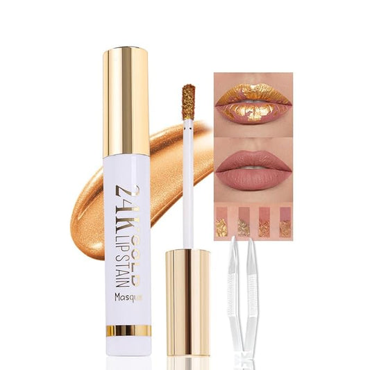2025 New 24K Gold Liquid Lip Gloss Peel Off Lip Stain Tattoo with Tweezer, Ruby Red Lips Stain Peel Off Masque, Long Lasting Waterproof Lip Tint Stain, Transfer-proof for All Skin Types 03#-FemmiqueWomen