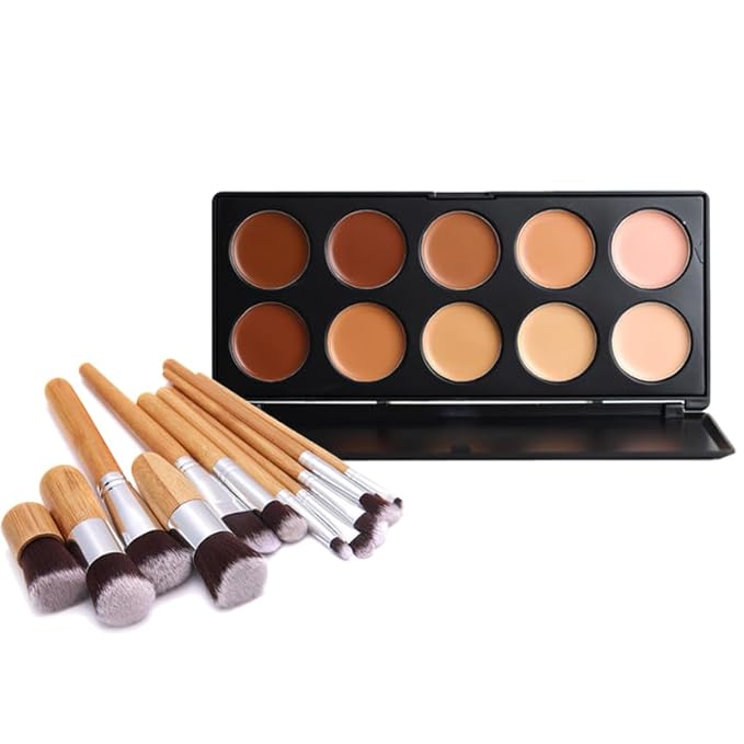 10 Shade Creamy Concealer Kit with Makeup Brush Set, 3 In 1 Professional Cream Concealer, Contour, Foundation, Color Corrector for Diminishes Appearance Dark Circles & Softens Fine Lines-FemmiqueWomen