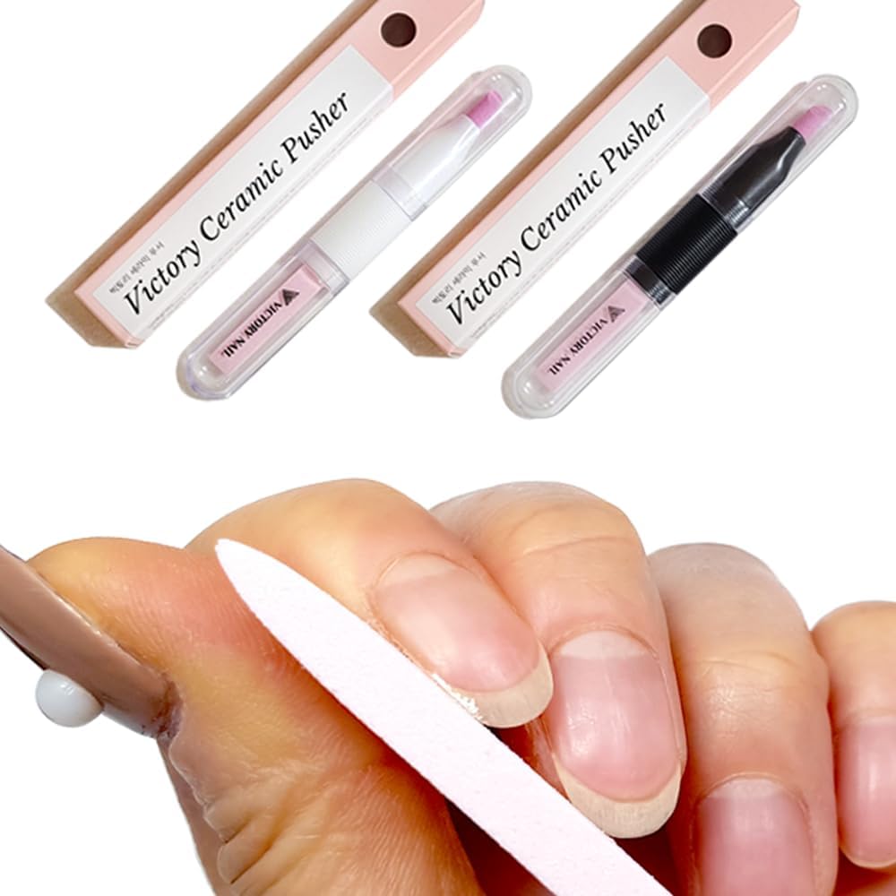 2PCS Victory Ceramic Stone Two-Way Nail Pusher & File (Black) Cuticle Trimmer Manicure Tools Professional Nail File Pumice Fingernail Files-FemmiqueWomen