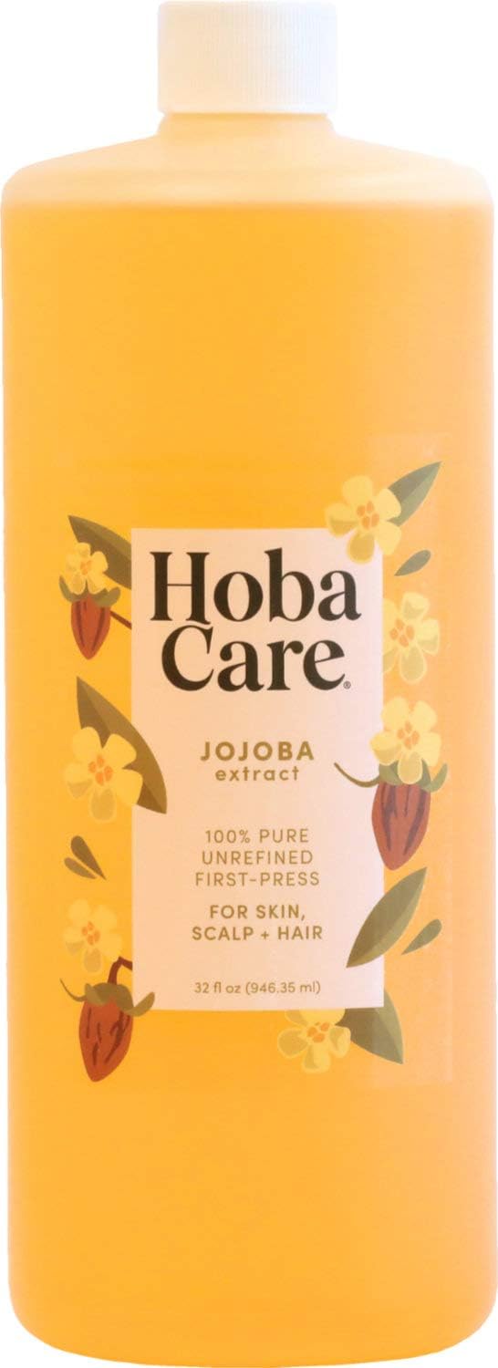 HobaCare Unrefined Jojoba Oil for Skin Care, Hair, Beard Conditioning, Scalp Massage - 100% Pure Carrier Oil for Perfume or Soap Making - Natural, Vegan, Hexane Free, Long Shelf Life (32 oz)-FemmiqueWomen
