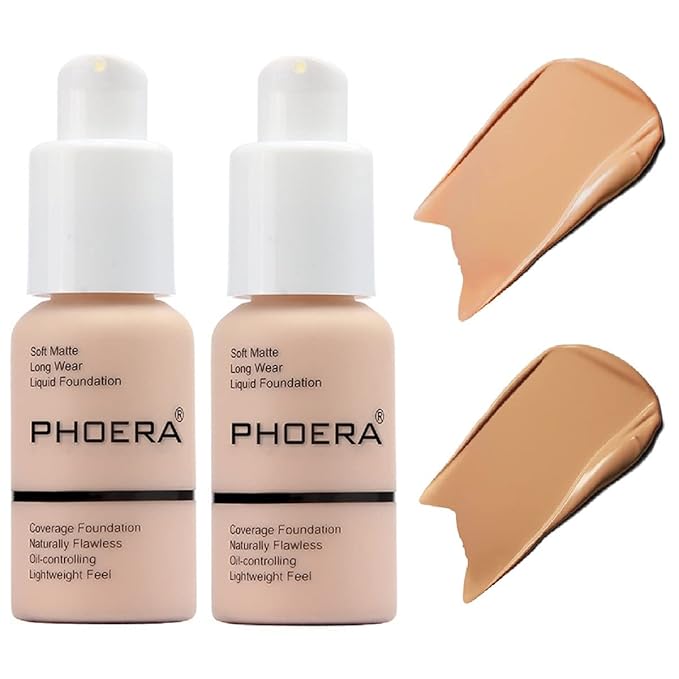 2 Pack PHOERA Foundation,Matte Oil Control Concealer Foundation Cream,PHOERA Long Lasting Waterproof Matte Liquid Foundation for Women Girls (104 Buff Beige+105 Sand)-FemmiqueWomen