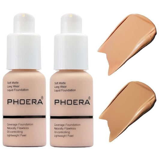 2 Pack PHOERA Foundation,Matte Oil Control Concealer Foundation Cream,PHOERA Long Lasting Waterproof Matte Liquid Foundation for Women Girls (104 Buff Beige+105 Sand)-FemmiqueWomen