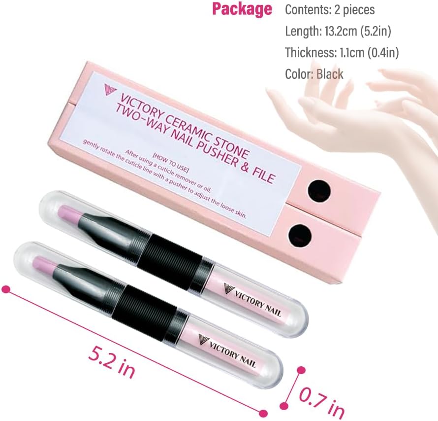 2PCS Victory Ceramic Stone Two-Way Nail Pusher & File (Black) Cuticle Trimmer Manicure Tools Professional Nail File Pumice Fingernail Files-FemmiqueWomen