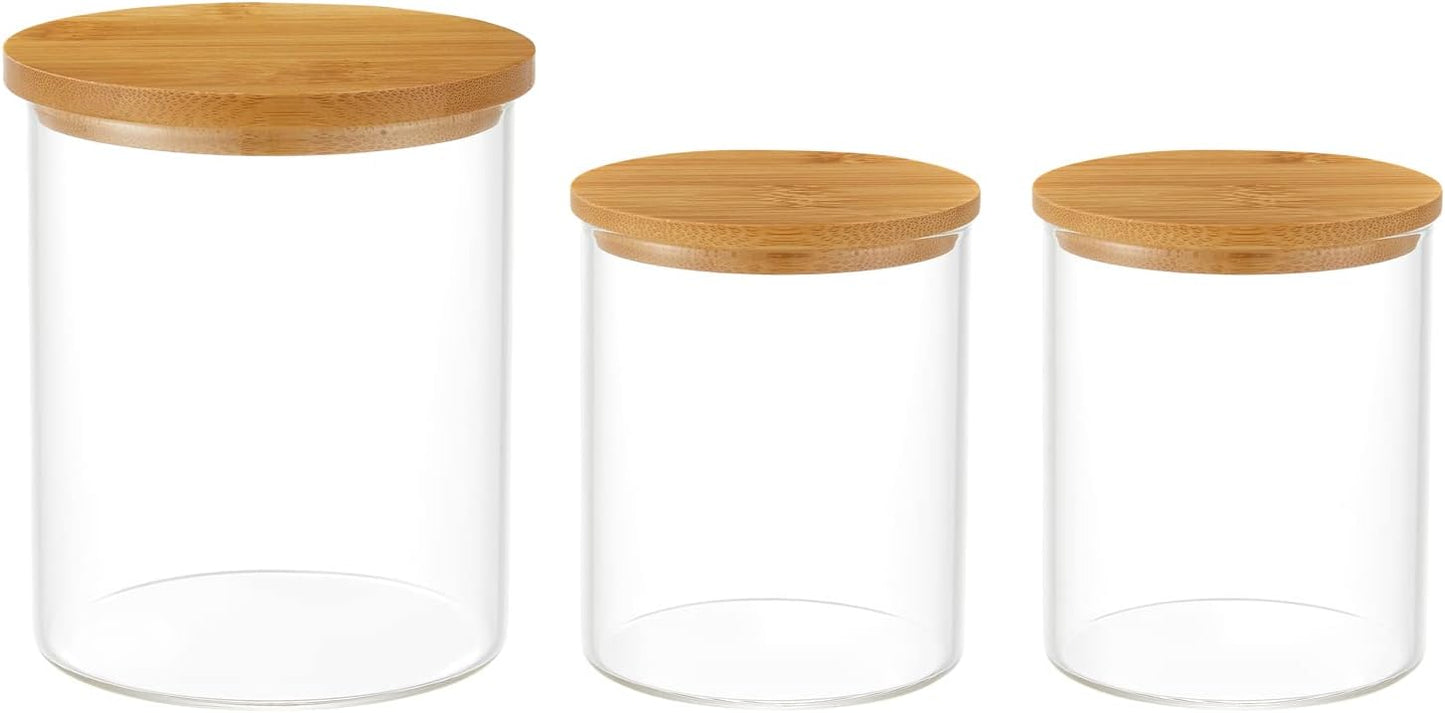 3 Pack Glass Qtip Holder Dispenser, 20 oz and 11 oz Clear Glass Apothecary Jars, Bathroom Vanity Canisters Organizer Jars for Cotton Swabs, Balls, Rounds, Pads, Floss, Bath Salts-FemmiqueWomen