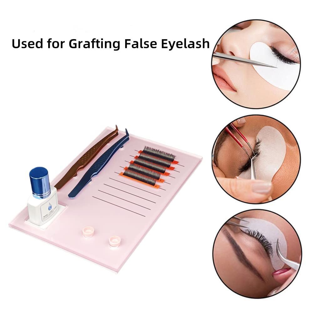 Grafting False Eyelash Acrylic Extension Pallet, Eyelash Extension Glue Tweezers Plate Pad Makeup Palette Individual Training Tools (Pink (7.87x5.12in))-FemmiqueWomen