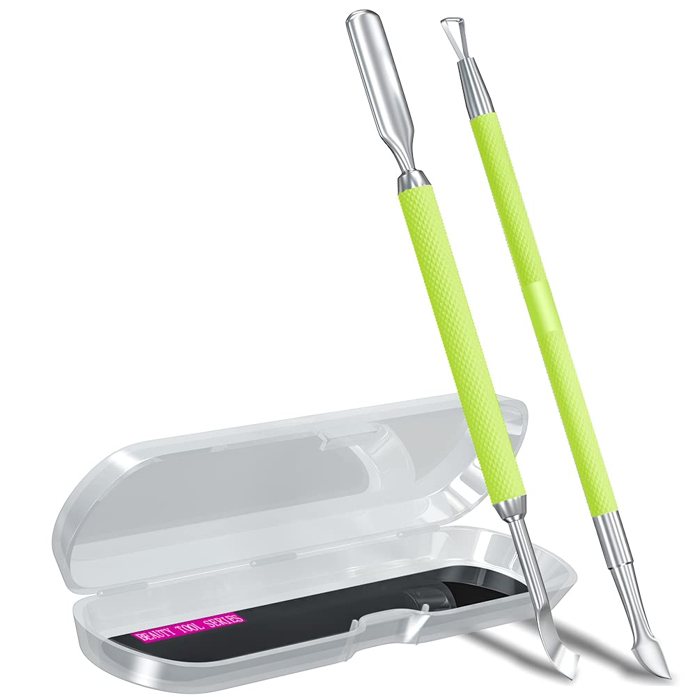 2PCS Metal Neon Green Cuticle Pusher and Cutter Remover Salon Quality Stainless Steel Gel Nail Polish Peeler Scraper Durable Manicure and Pedicure Cleaner Tool For Fingernail and Toenail-FemmiqueWomen