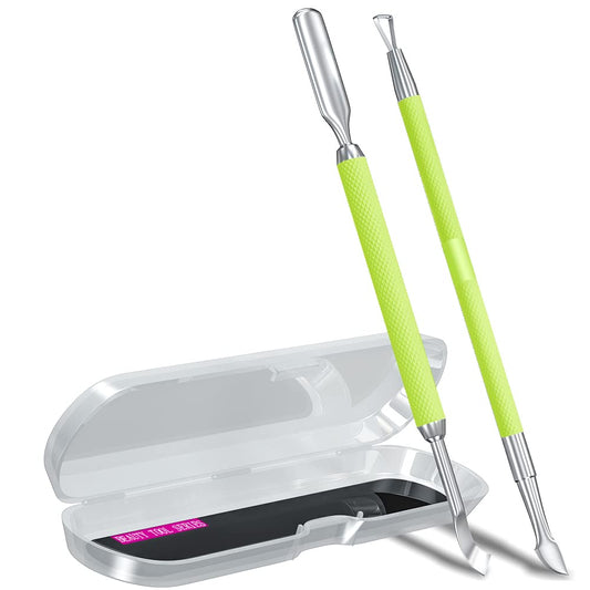 2PCS Metal Neon Green Cuticle Pusher and Cutter Remover Salon Quality Stainless Steel Gel Nail Polish Peeler Scraper Durable Manicure and Pedicure Cleaner Tool For Fingernail and Toenail-FemmiqueWomen