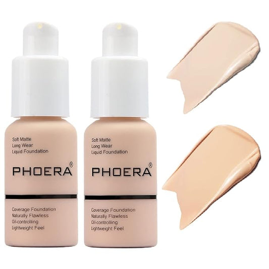 2 Pack PHOERA Foundation Makeup For Older Women,Flawless Soft Matte Liquid Foundation 24 HR Oil Control Concealer Foundation Makeup(101 Porcelain+102 Nude)-FemmiqueWomen