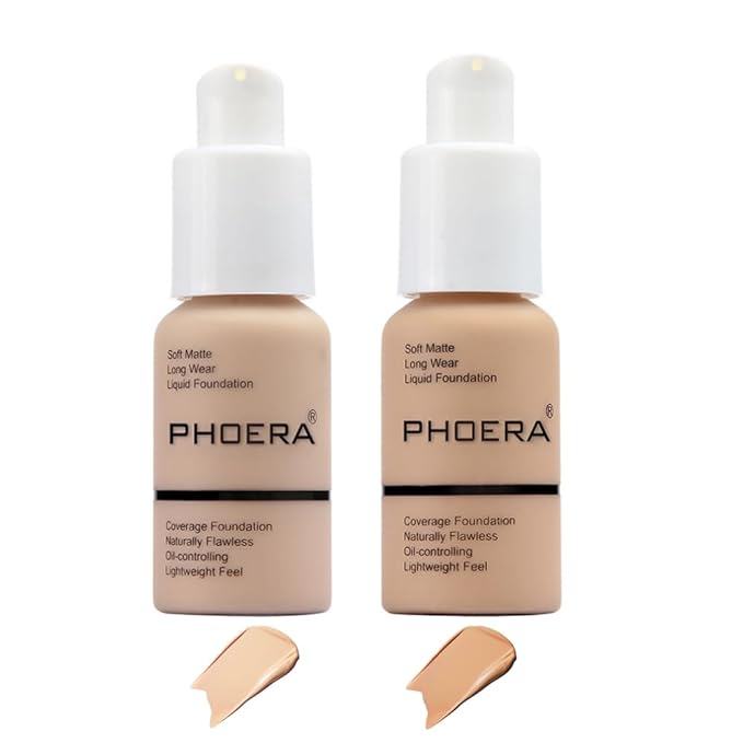 2 Pcs Phoera Foundation Makeup 102 and 104 Liquid Full Coverage 24HR Matte Oil Control Foundation Makeup Concealer (Nude & Buff Beige) with Kabuki Foundation Brush Flat Top-FemmiqueWomen