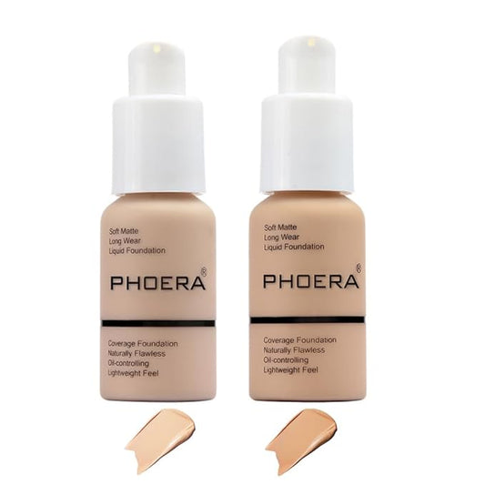 2 Pcs Phoera Foundation Makeup 102 and 104 Liquid Full Coverage 24HR Matte Oil Control Foundation Makeup Concealer (Nude & Buff Beige) with Kabuki Foundation Brush Flat Top-FemmiqueWomen