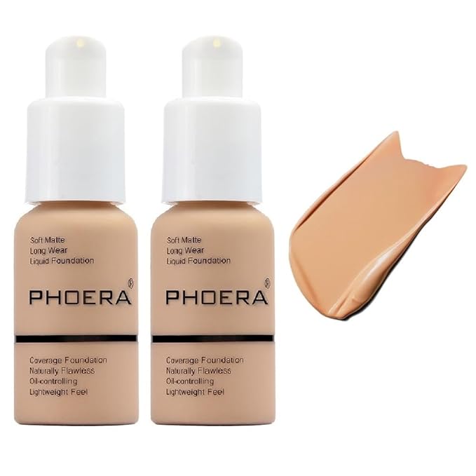 2 Pack PHOERA Foundation, 24HR Matte Oil Control Concealer, Full Coverage Foundation for Women Makeup.(104# Buff Beige)-FemmiqueWomen