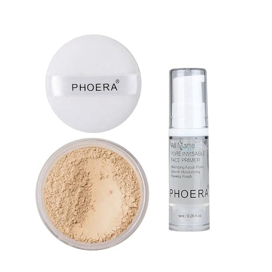 2 Pcs PHOERA Setting Powder and Face Primer, Control Oil Brighten Skin Color Cover Face Setting Loose Powder。 (02 Cool Beige + makeup primer)-FemmiqueWomen