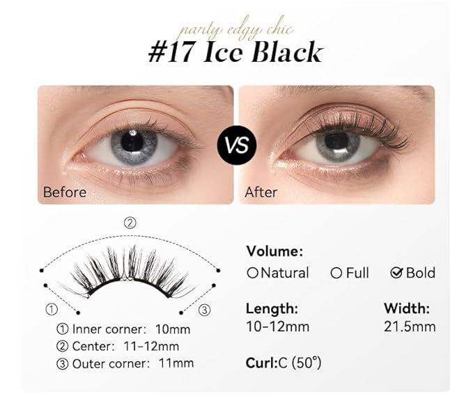 Magnetic Eyelashes with Applicator Kit, No.17 Ice Black, Reusable Magnetic Lashes without Eyeliner, Glue-free False Lashes, Waterproof, Lightweight, Suit for Heavy Makeup-FemmiqueWomen