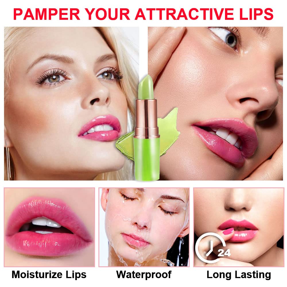 2Pcs Aloe Vera Lip Color Changing Lipstick Lip Balm Set, Green Magic PH Lipstick Color Change Changing Crystal Flower Jelly Lipstick Tinted Lip Balm Gloss Stain Makeup Set for Women Girls Waterproof-FemmiqueWomen