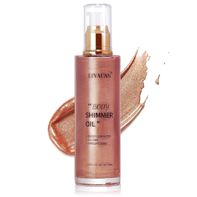 Liyalan Shimmer Body Oil Rose Gold 5 Color Bronze Face Glow Pearl Highlighter Illuminator body Makeup Shine Glitter Gold Liquid Taning 3.38 Fl Oz-FemmiqueWomen