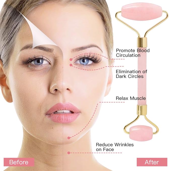Jade Roller,Rose Quartz Roller for Face,Jade Skincare Tool,Jade Facial Roller,Eye Roller Anti Aging Jade Massager Roller Slimming Healing Chakra Tool A-Rose Quartz (Golden)-FemmiqueWomen