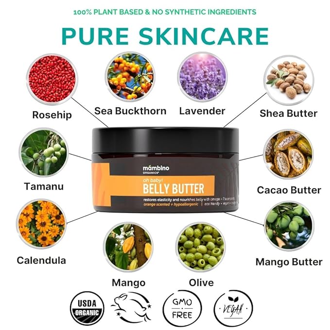 Mambino Organics Oh Baby! Belly Butter – Organic Stretch Mark Cream for Pregnancy with Dutch Shea & Cocoa Butter – Vitamins, Omegas for Elasticity – Vegan Cruelty-Free Maternity Care, 4 fl oz-FemmiqueWomen