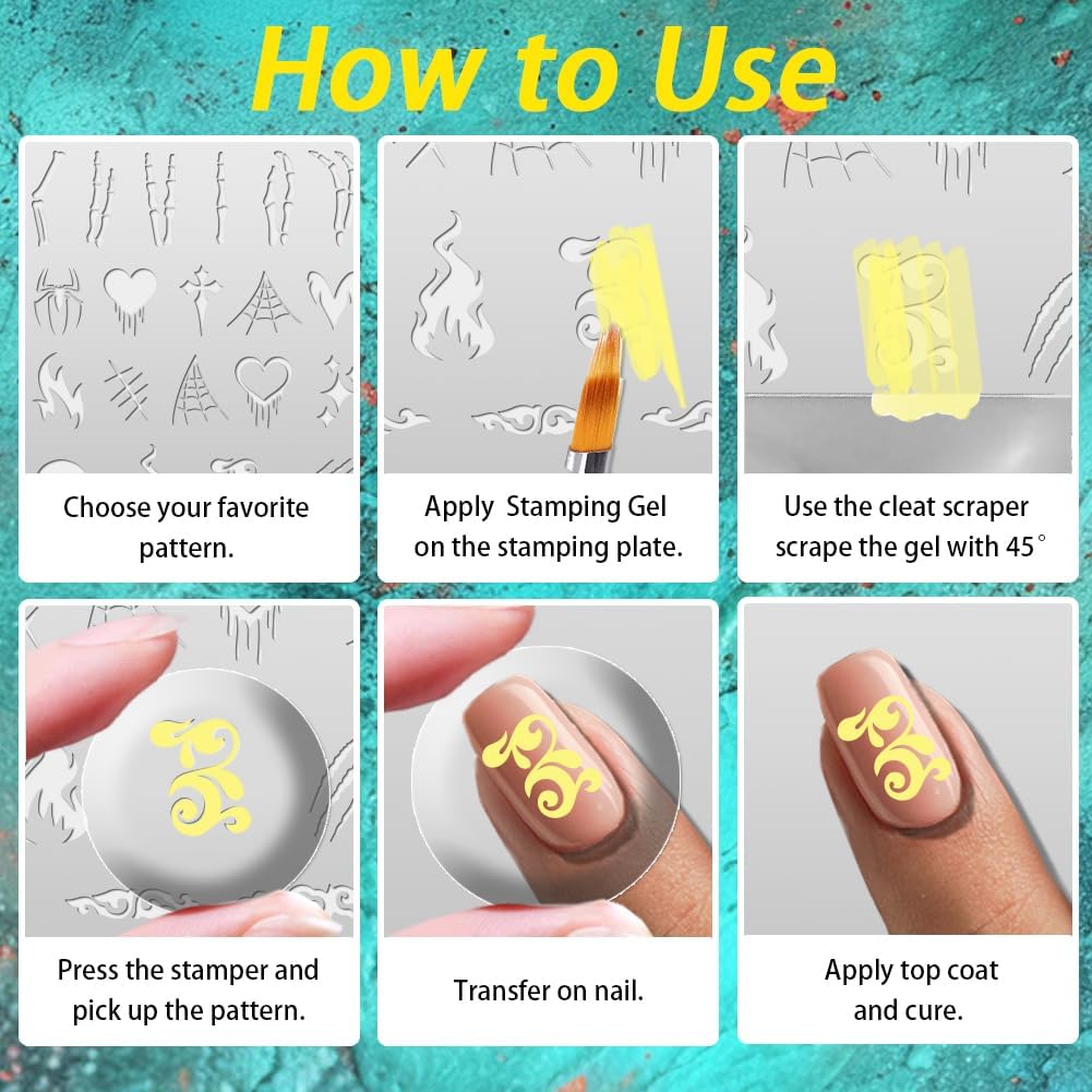 3Pcs Bone Skull Nail Stamping Plate Set Halloween Skeleton Gothic Nail Stamp Templates Cobweb Bat Thorns Metal Reusable Tools with Stamper Scraper for Manicure Printing-FemmiqueWomen