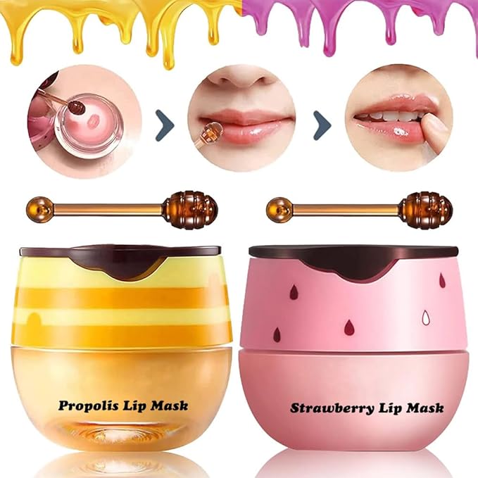 3Pcs Honey Lip Balm Honey Pot, Strawberry& Apple Lime Lip Mask Overnight Propolis Moisturizing Lip Balm Hydrating Prevention Dry and Crack Lip Scrubs Exfoliator, Beeswax with Vitamin E-FemmiqueWomen