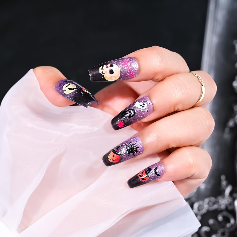 30 Sheets Halloween Nail Stickers Pumpkin Ghost Face Nail Charms Decals 3D Self Adhesive Spider Web Cat Bat Manicure Art Sticker for Acrylic Nails DIY Decorations-FemmiqueWomen