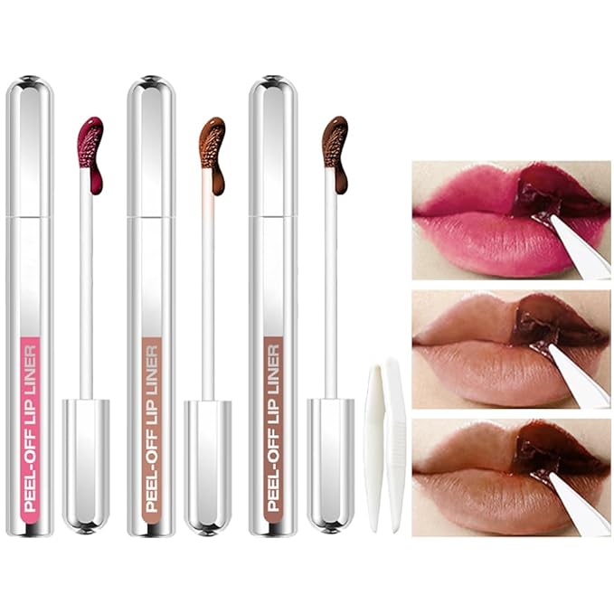 3 Colors Peel Off Lip Liner Stain Kit, Long Wear Matte Lip Tint Stain Set with Tweezer for Women, Waterproof Transfer Proof Highly Pigmented Peel Off Liquid Lipstick for All Skin Types (#1,2,3)-FemmiqueWomen