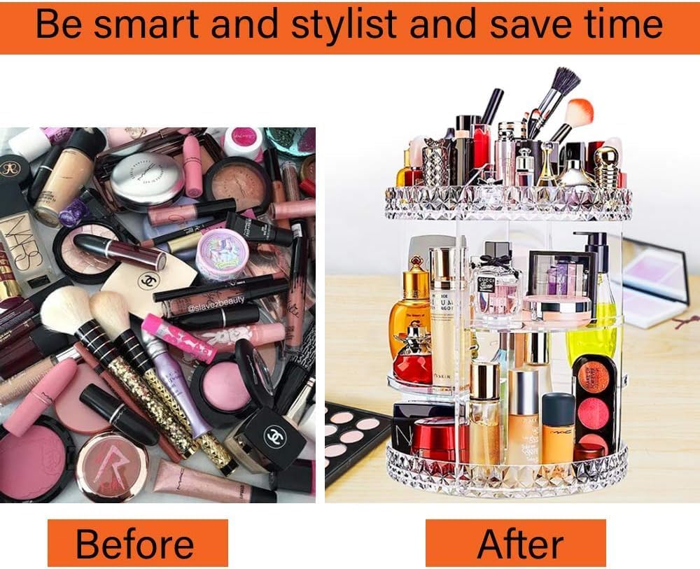 ZHIAI 360 Rotating Makeup Organizer, Large Capacity Cosmetics Organizer for Perfume Holder Organizer Countertop, DIY Adjustable Bathroom Makeup Carousel Holder Rack, Clear Diamond-FemmiqueWomen