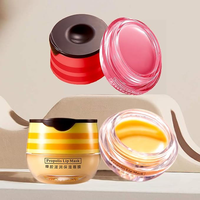 2 Pcs Lip Balm Honey Pot,Honey & Strawberry Lip Mask Propolis Moisturizing Lip Balm with Stick,Prevention Dry and Cracked Lip Scrubs,Exfoliator Lip Wrinkle Skin Care Products-FemmiqueWomen