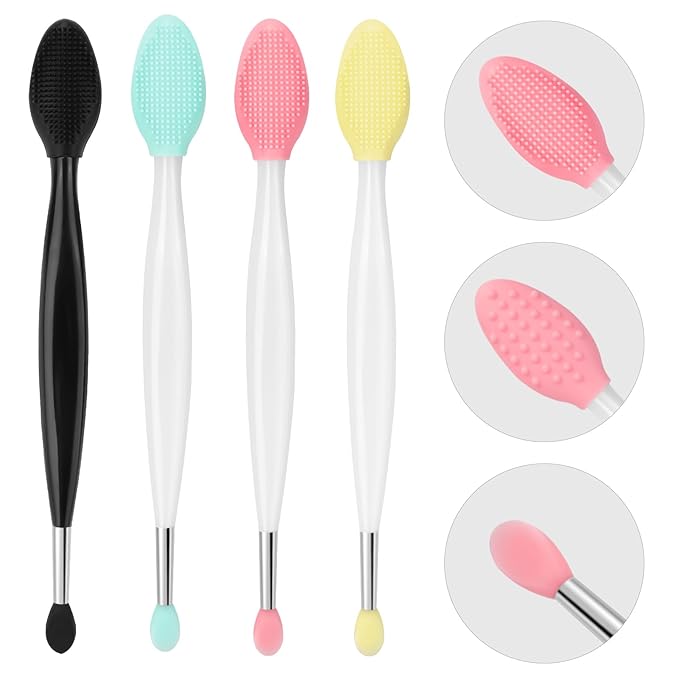 Unaone Lip Scrub Brush - 4 PCS Dual-ended Lip Scrubber Exfoliator and Silicone Lip Brush, 2-in-1 Silicone Lip Scrub Tool Lip Mask Applicator, Gentle Exfoliator & Applicator for Soft-FemmiqueWomen