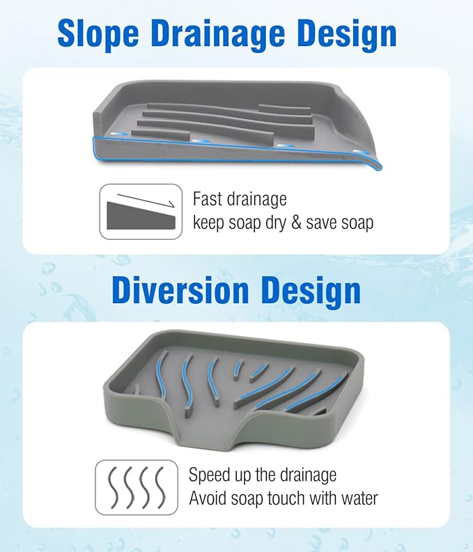 3-Pack Silicone Soap Dish, Sponge Holder for Sink, Kitchen Soap Tray, Bathroom Soap Holder, Sponge Tray with Drain (Grey)-FemmiqueWomen