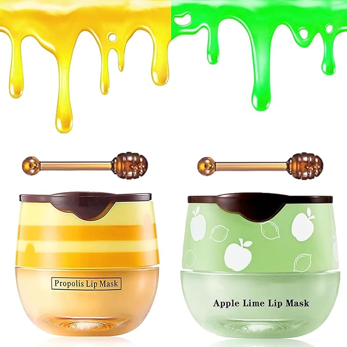 2 PCS Bee Lip Balm Honey Pot, Honey & Apple Lime Sleeping Lip Mask Overnight, Hydrating Prevention Dry and Cracked Lip Scrub, Reduces Lip Lines, Brightening Lip Color-FemmiqueWomen