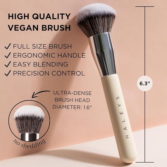 HALEYS Kabuki Makeup Brush + GWP Skin Tint Mini, VEGAN+CRUELTY-FREE, Sustainable Wood, Vegan Bristles for Airbrushed Finish, For Creams, Liquids, Powder, Streak-free, Perfect Blending, Buffs, Blurs-FemmiqueWomen