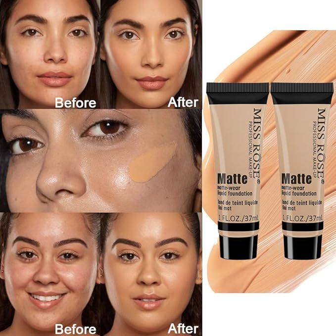 2 Pack Liquid Foundation Cream for Face Makeup,Durable Full Coverage Matte Concealer Make Up,Oil Control & Waterproof Base Primer -1+1 Fl.Oz (BEIGE 7#)-FemmiqueWomen